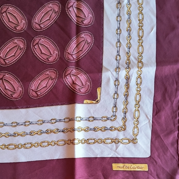 Authentic Must De Cartier (Carré De Soie)Burgundy and Gold Patterned Silk Scarf. - Picture 3 of 6